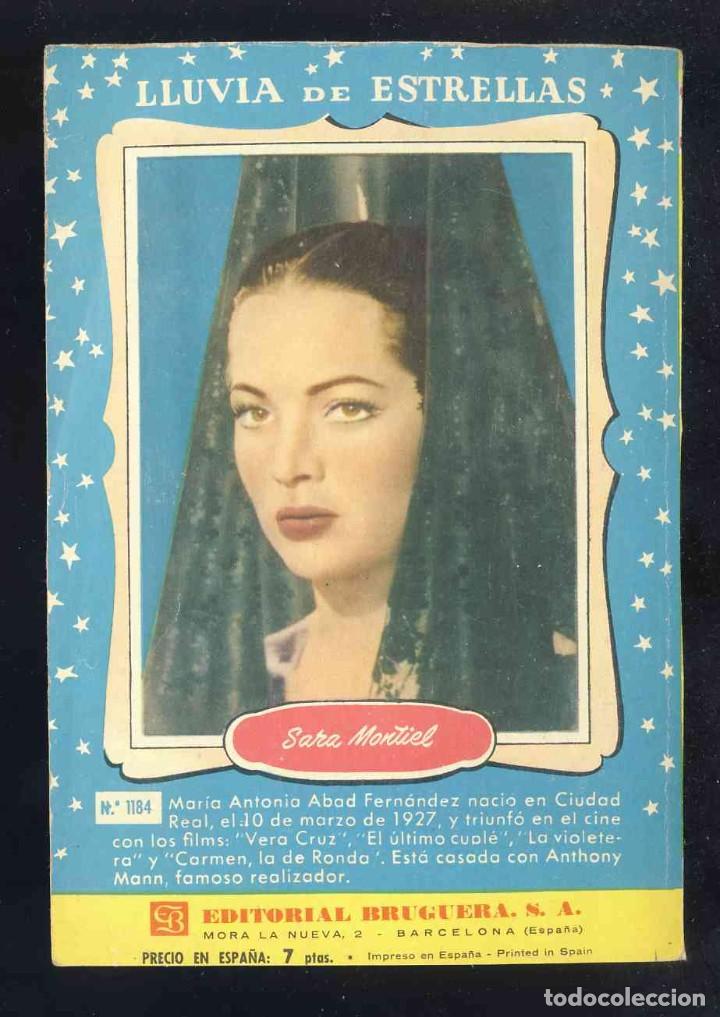 Cine: Foto de SARA MONTIEL. Tapa dorsal de una novela romantica de LLUVIA DE ESTRELLAS