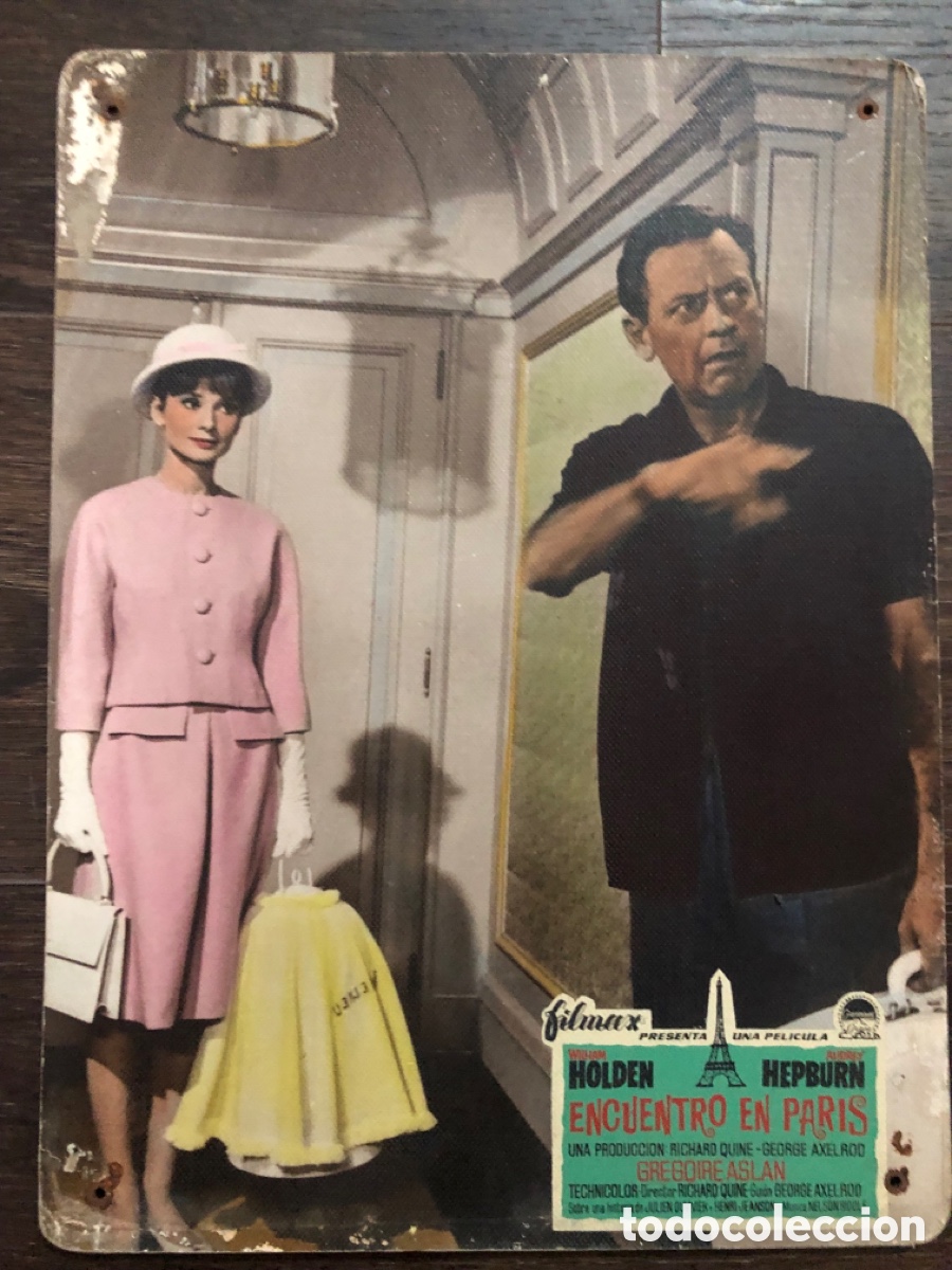 Cine: Fotocromo cart&oacute;n encuentro en paris audrey hepburn william holden 29x39 cm