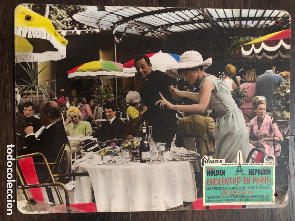 Cine: Fotocromo cart&oacute;n encuentro en paris audrey hepburn william holden 29x39 cm