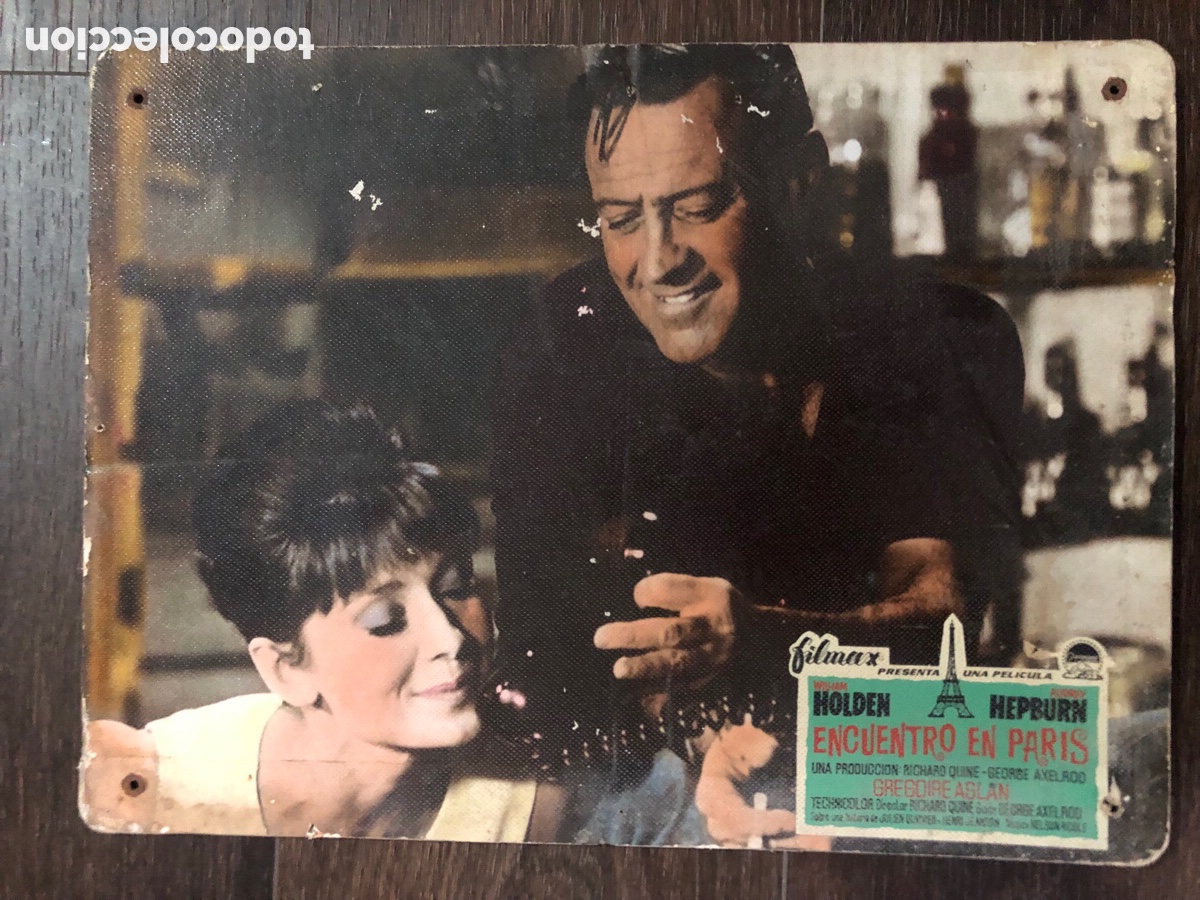 Cine: Fotocromo cart&oacute;n encuentro en paris audrey hepburn william holden 29x39 cm