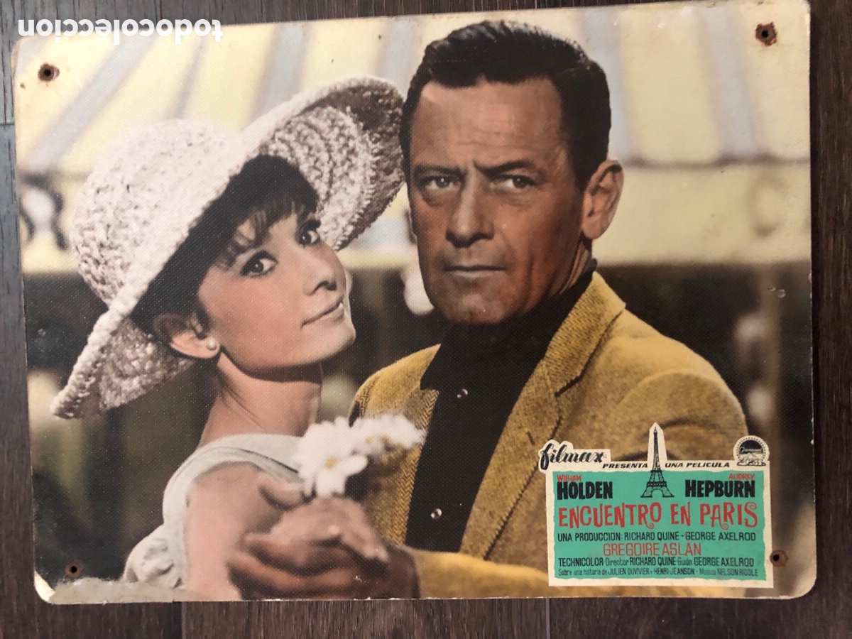 Cine: Fotocromo cart&oacute;n encuentro en paris audrey hepburn william holden 29x39 cm