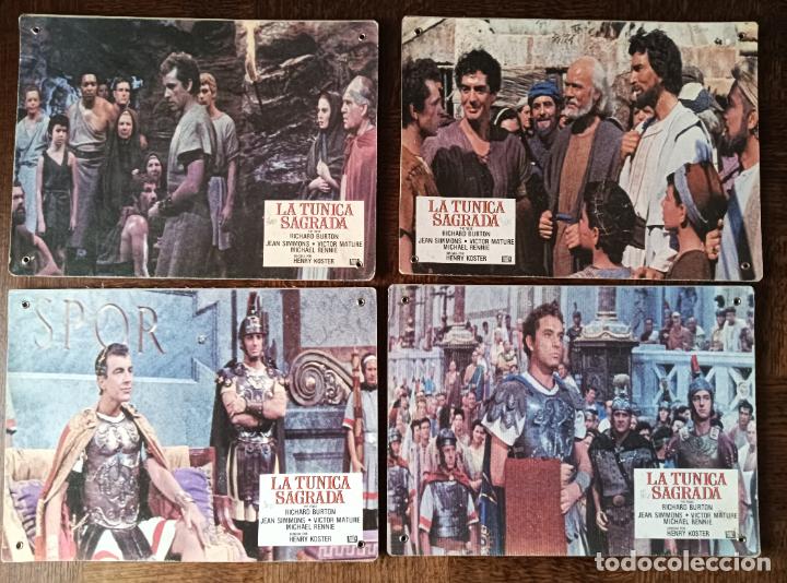 Cine: LA TUNICA SAGRADA, Richard Burton, Jean Simmons, Vict. 4 FOTOCROMOS EN CARTON DURO TAQUILLA 35x25cm.
