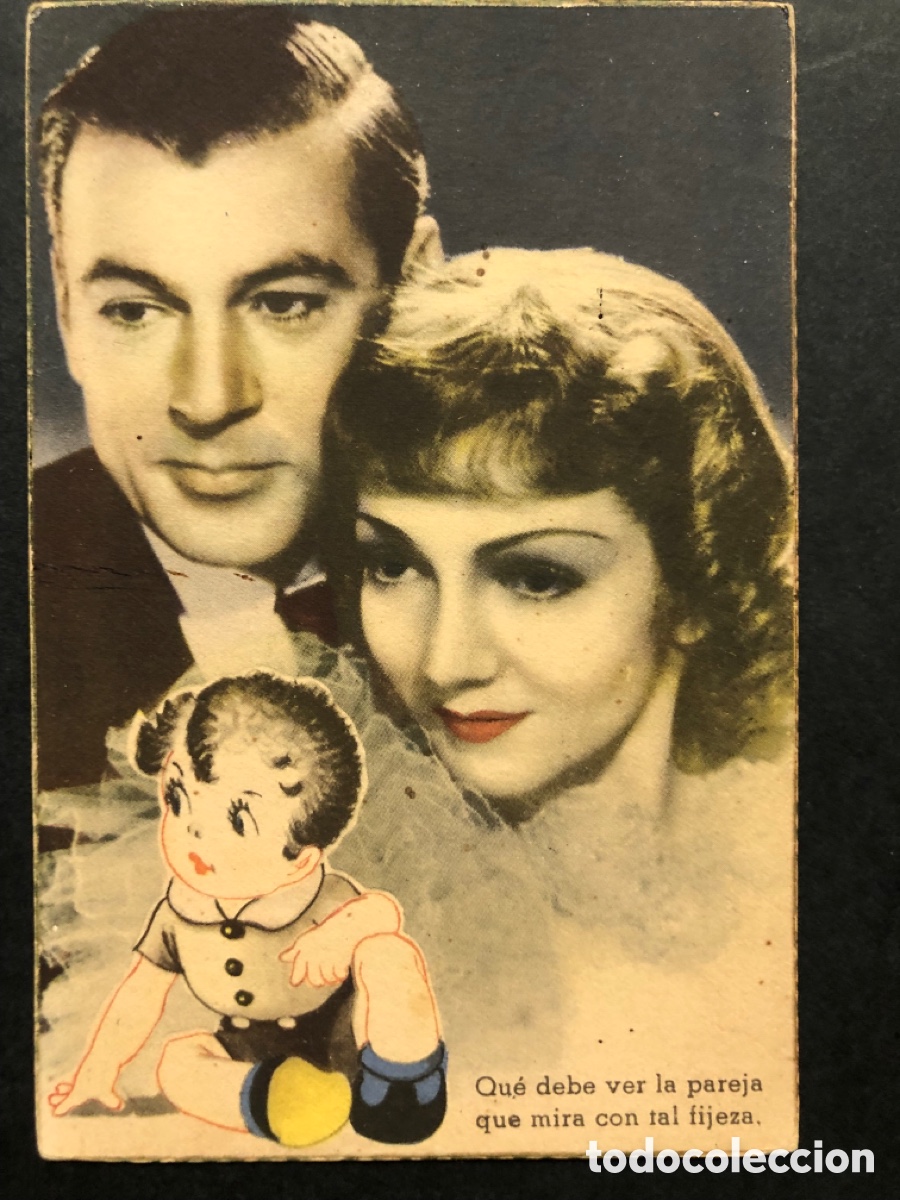 Cine: Antigua tarjeta postal Claudette colbert y Gary Cooper