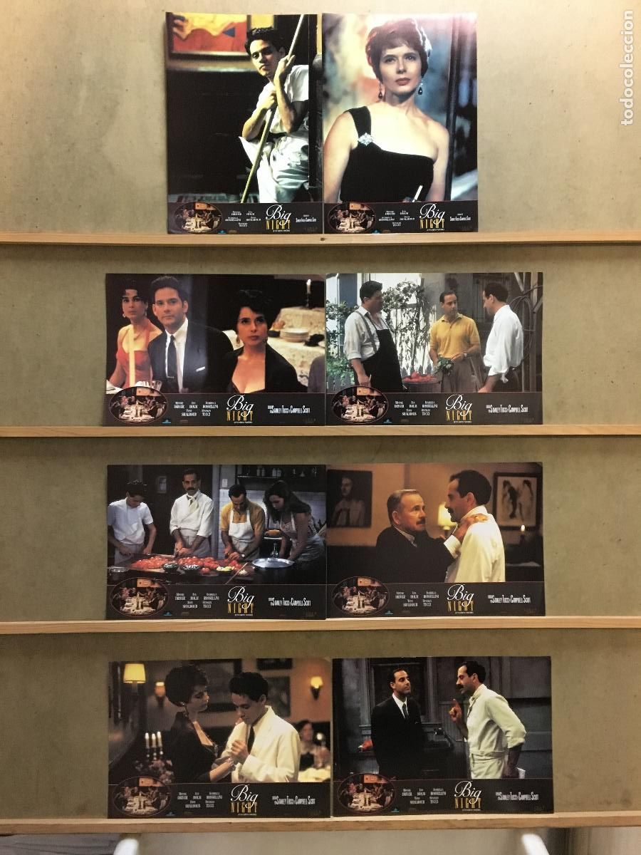 Kino: SCDO 1233 BIG NIGHT IAN HOLM ISABELLA ROSSELLINI SET COMPLETO 8 FOTOCROMOS ORIGINAL ESTRENO