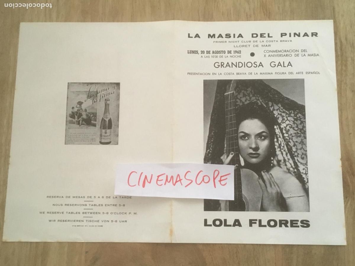 Cine: lola flores folleto publicitario original antiguo la masia del pinar lloret de mar