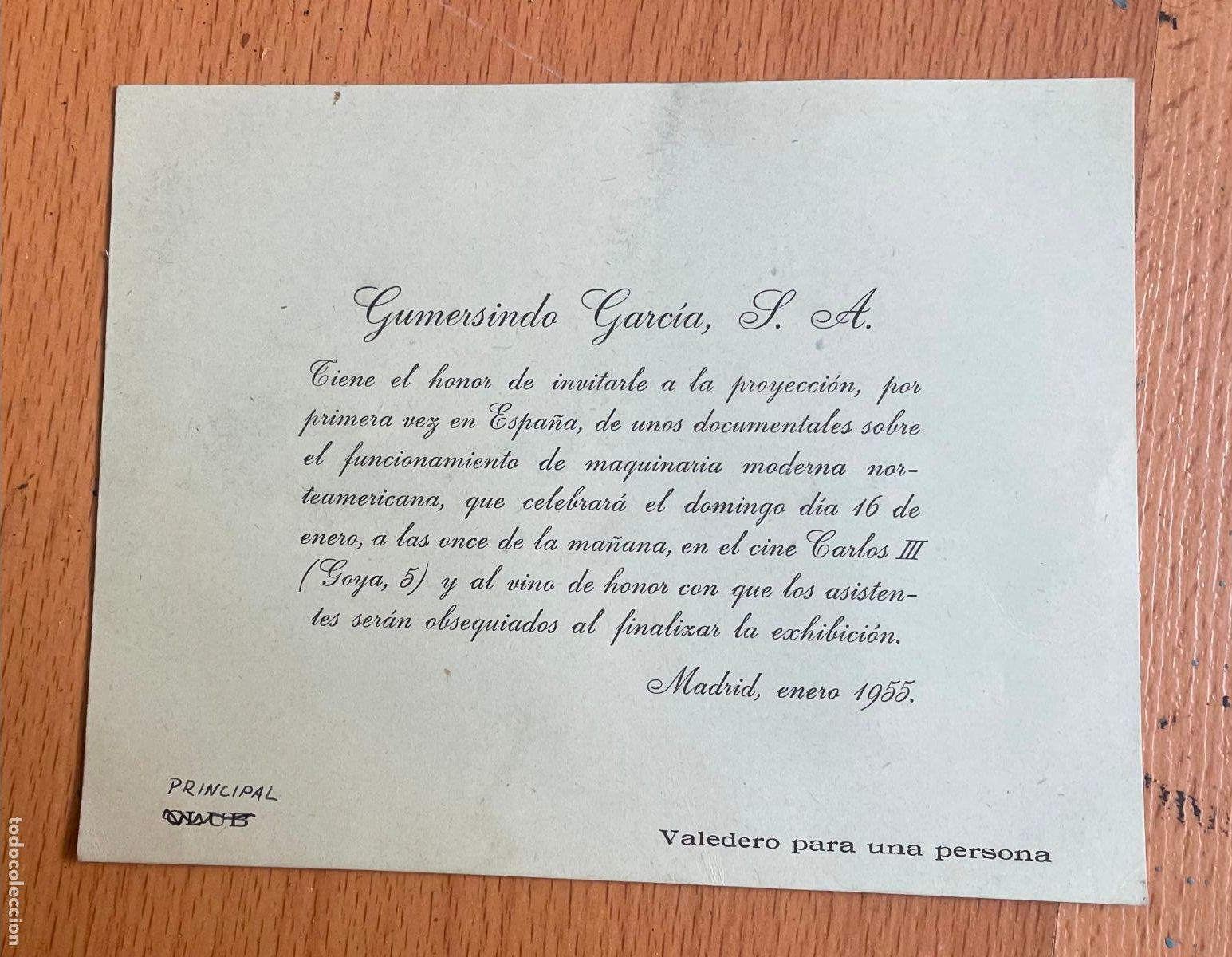 Cinema: ANTIGUA INVITACION PARA UNA PROYECCION DE CINE 1955