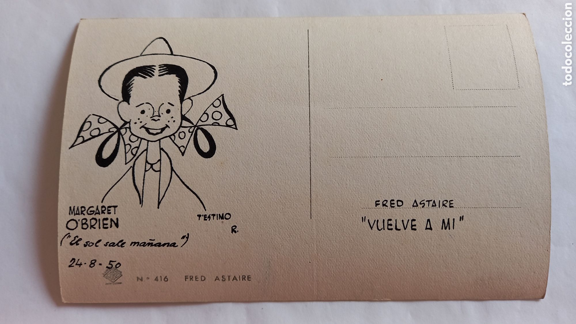 Cinema: Postal FRED ASTAIRE. Caricatura originaL MARGARET O&acute;BRIEN al reverso