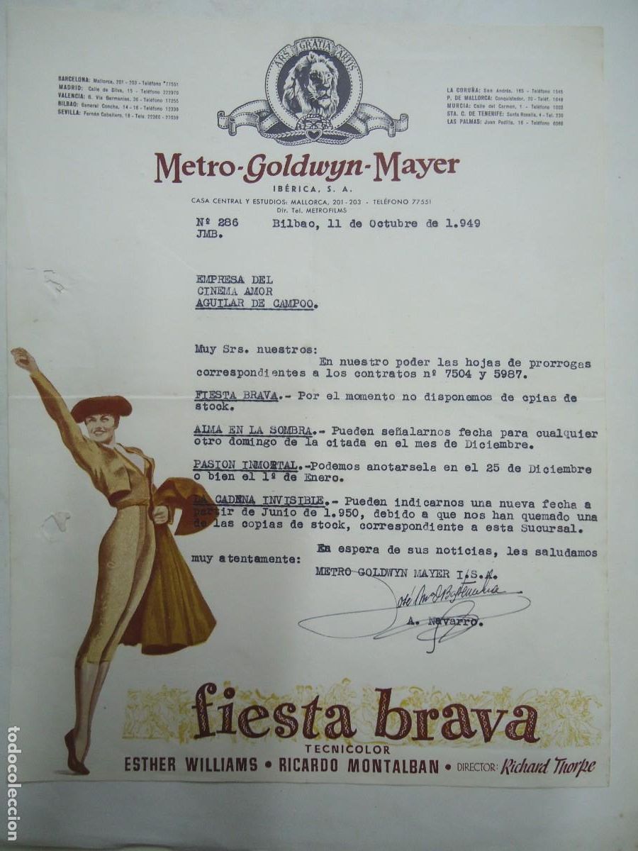 Cin&eacute;ma: pel&iacute;cula FIESTA BRAVA carta original de la METRO-GOLWYN-MAYER 1949 ORIGINAL SE UNA CARTA ORIGINAL