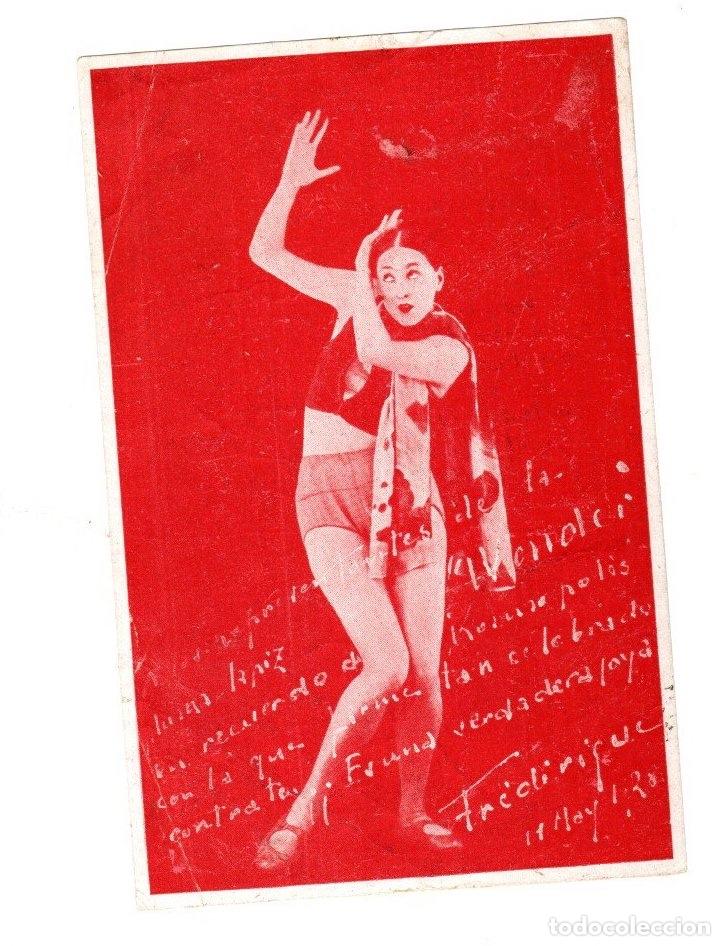 Kino: TARJETA POSTAL DANZARINA FREDERIQUE CON PUBLICIDAD PLUMAS WONDER FOUNTAIN, NEW YORK