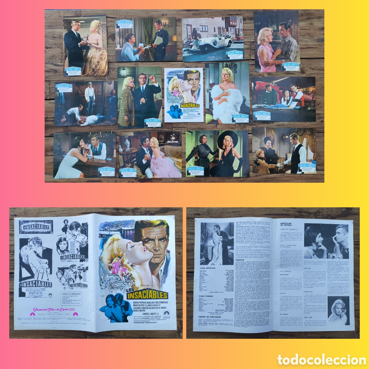 Cine: Lote completo 12 Fotocromos Lobby Card Los Insaciables gu&iacute;a ficha pel&iacute;cula George Peppard Alan Ladd