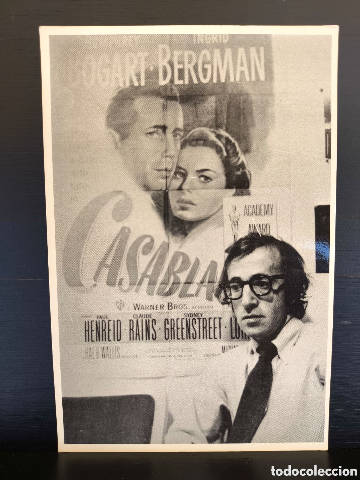 Cine: Antigua postal Woody Allen fotograma pel&iacute;cula Sue&ntilde;os de Seductor Play It again Sam poster Casablanca