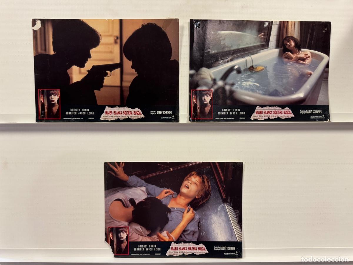Cine: Mujer blanca soltera busca, Bridget Fonda, Jennifer Jason, 3 FOTOCROMOS