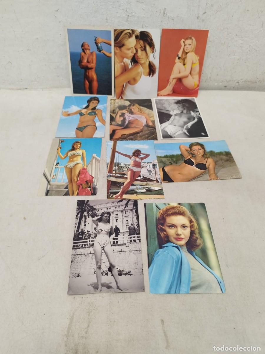 Cine: Lote de 11 postales de bikini playa actrices, mujeres de cine.