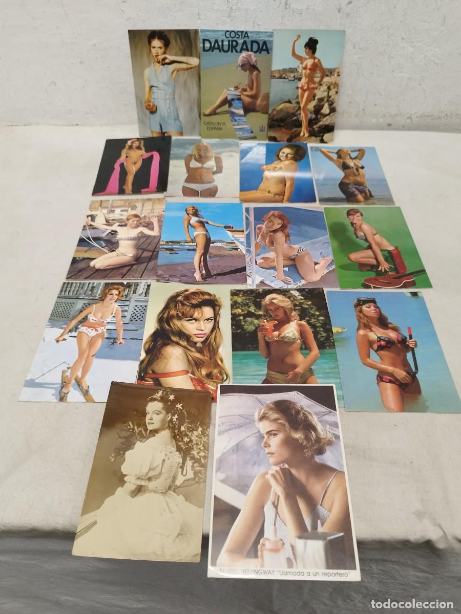 Cine: Lote de 17 postales de bikini playa actrices, mujeres de cine.