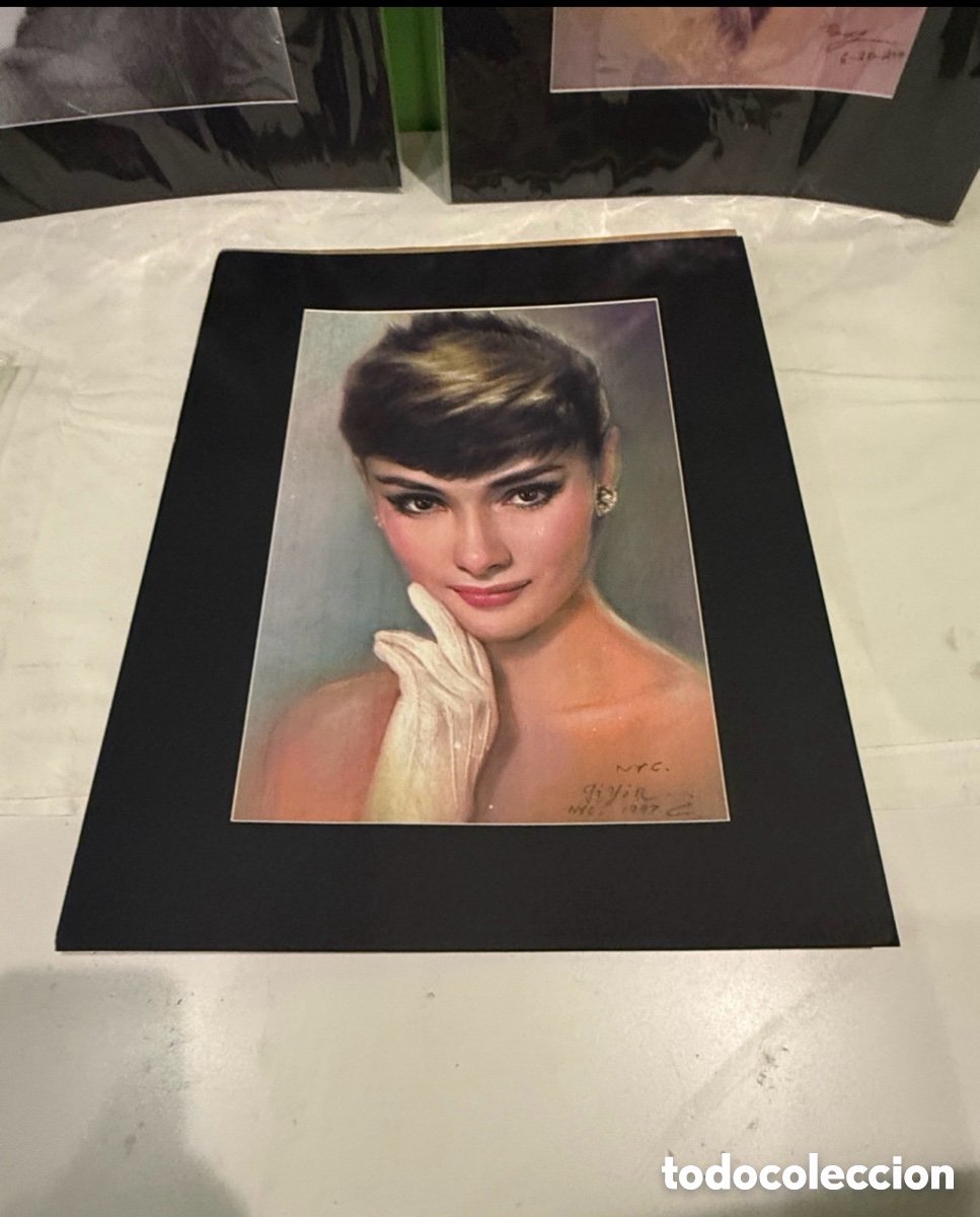 Kino: Audrey Hepburn, icono de Hollywood, moda cinematogr&aacute;fica, arte pastel 1997, firmado