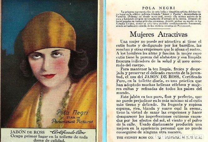 Cine: TARJETA PUBLICITARIA CON LA IMAGEN DE POLA NEGRI. REGALO DEL JAB&Oacute;N DE ROSS, 1920'S.