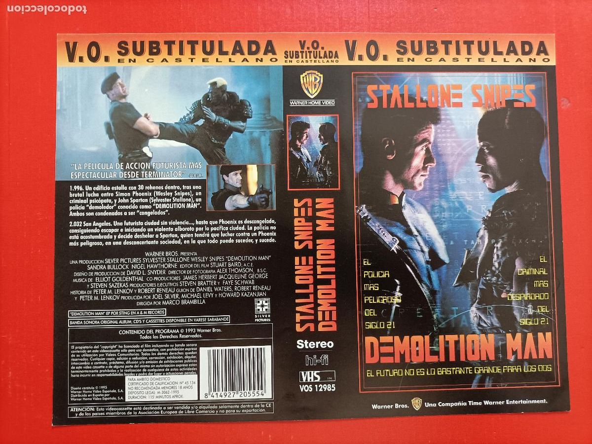 Cine: CARATULA SILVESTER STALLONE, EN LA PEL&Iacute;CULA, DEMOLITION MAN. LA 1&ordf; ORIGINAL.