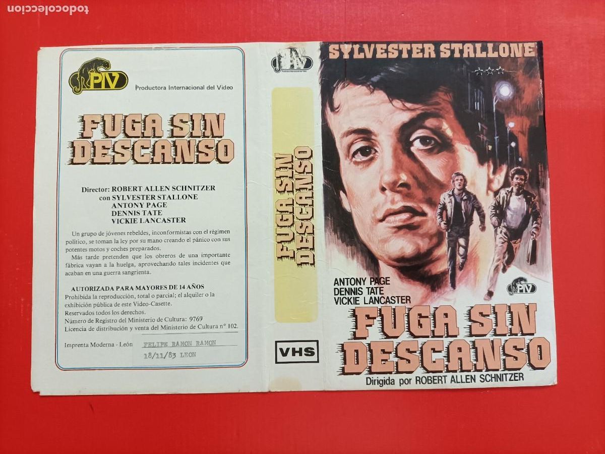 Cine: CARATULA SILVESTER STALLONE, EN LA PEL&Iacute;CULA, FUGA SIN DESCANSO. LA 1&ordf; ORIGINAL.