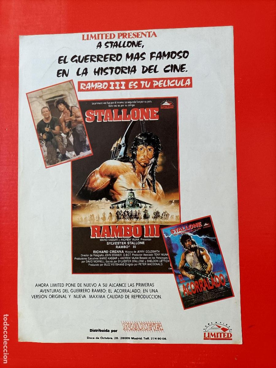 Cine: CARTEL SILVESTER STALLONE, RAMBO III. EN EL DORSO, PUBLICIDAD DE VARIAS PEL&Iacute;CULAS. 30X21CM