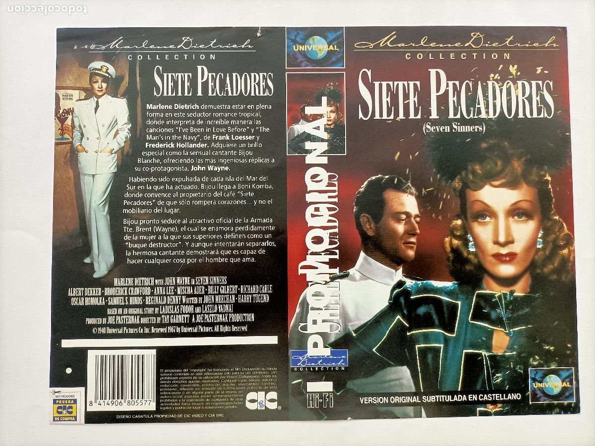 Cine: CARATULA JOHN WAYNE. PEL&Iacute;CULA SIETE PECADORES (SEVEN SINNERS) LA ORIGINAL de la 1&ordf; EDICI&Oacute;N.