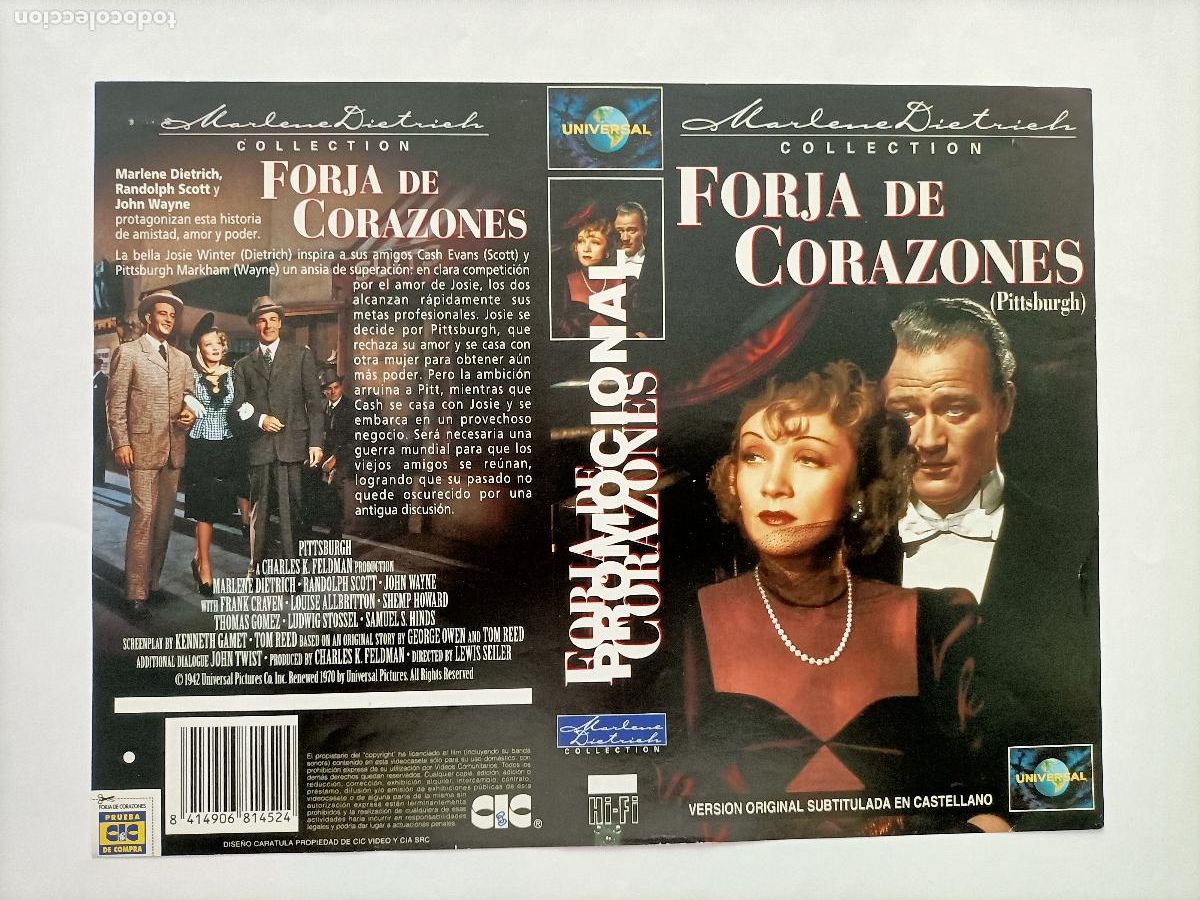 Cine: CARATULA JOHN WAYNE. PEL&Iacute;CULA FORJA DE CORAZONES (PITTSBURGH) LA ORIGINAL de la 1&ordf; EDICI&Oacute;N.