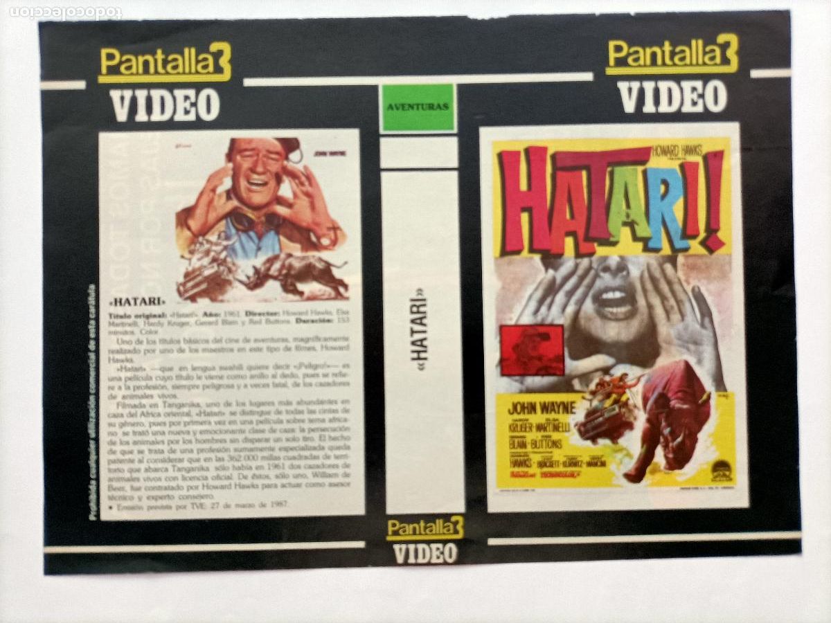 Cine: CARATULA JOHN WAYNE. PEL&Iacute;CULA, HATARI, DE LA COLECCI&Oacute;N PANTALLA 3 VIDEO.