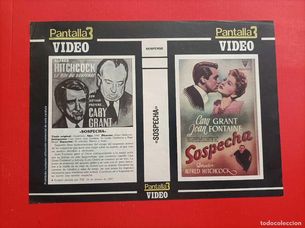 Cine: CARATULA ALFRED HITCHCOCK. SOSPECHA, EN EL DORSO OTRO T&Iacute;TULO. PANTALLA 3 VIDEO