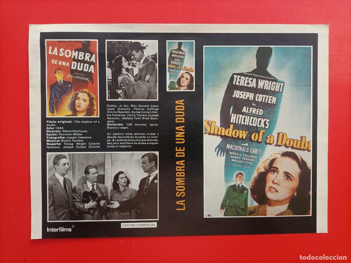 Cine: CARATULA ALFRED HITCHCOCK. LA SOMBRA DE UNA DUDA, 1943 EN DORSO CARTELES DE 3 PEL&Iacute;CULAS.VAJES.