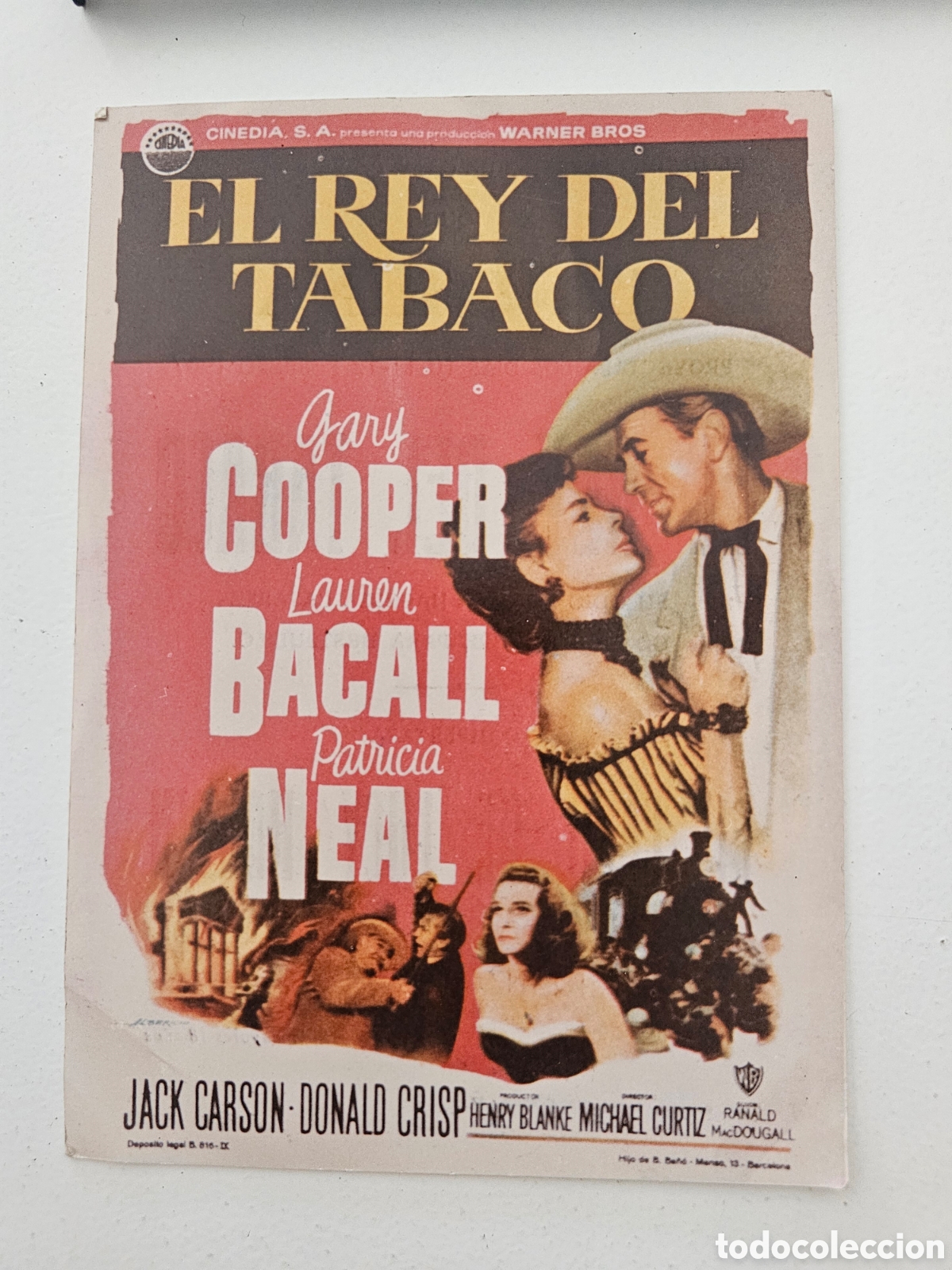 Cine: Foto publicitaria del cartel de cine &rdquo;El Rey del Tabaco&rdquo; (Bright Leaf, 1950) - Gary Cooper, Lauren B