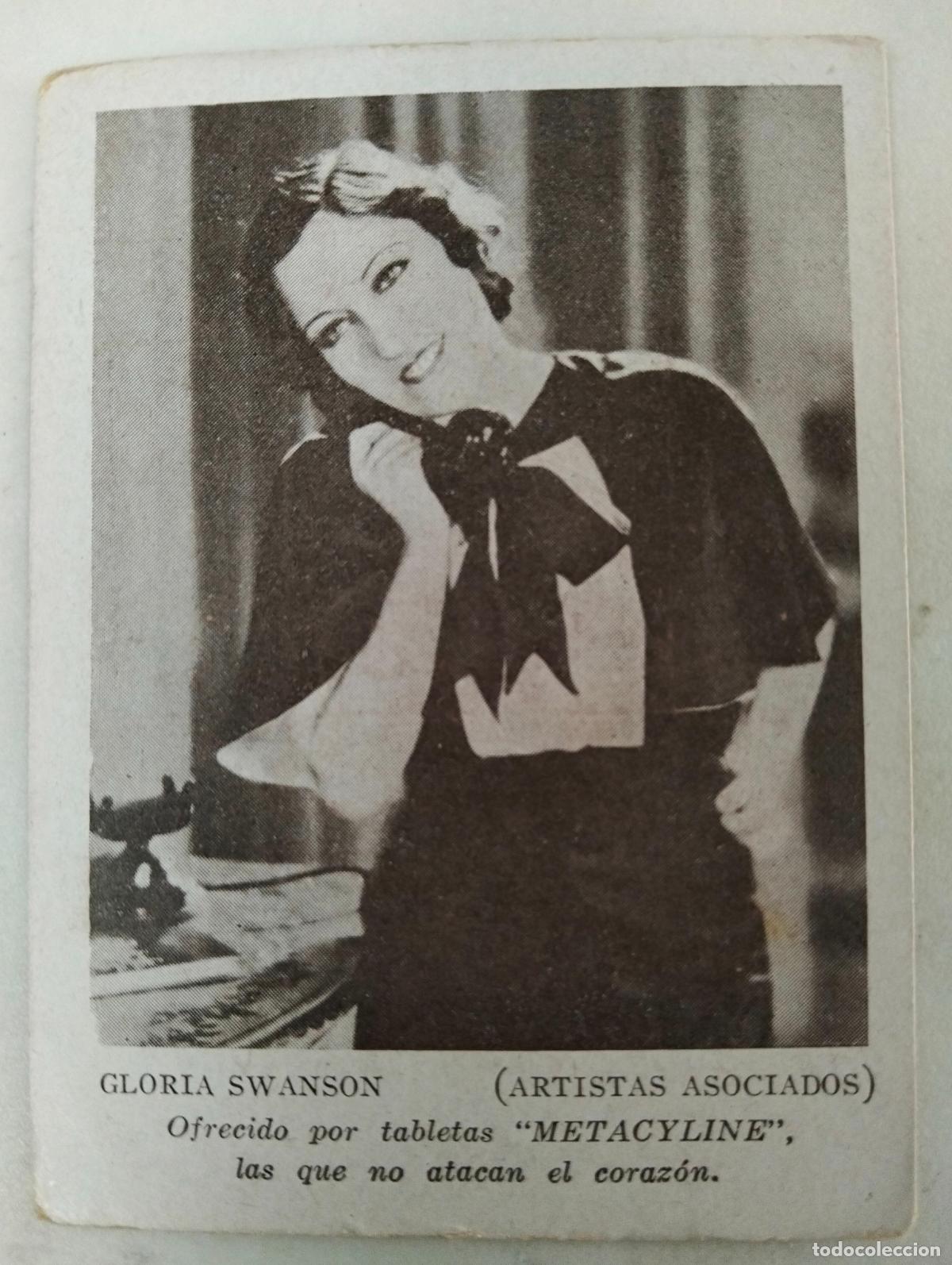 Cine: ACTRIZ GLORIA SWANSON, ANTIGUA TARJETA PUBLICIDAD, METACYLINE, CONTROL DE PESO