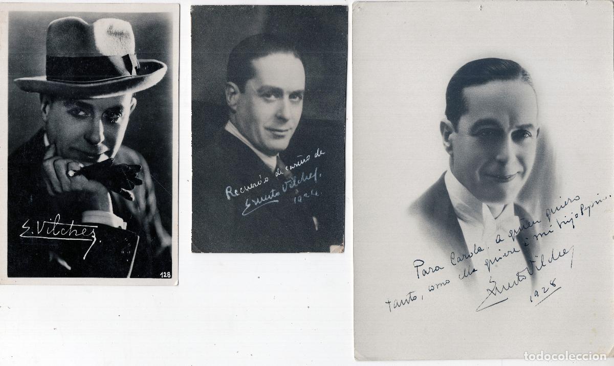 Cine: Vilches, Ernesto. 3 fotograf&iacute;as de &eacute;poca firmadas (aut&oacute;grafo original) y una tarjeta postal de &eacute;poca