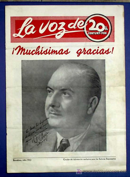 Cine: LA VOZ DE 20TH CENTURY FOX. CIRCULAR DE INFORMACION EXCLUSIVA PARA TODOS LOS EMPRESARIOS. BCN, 1953.