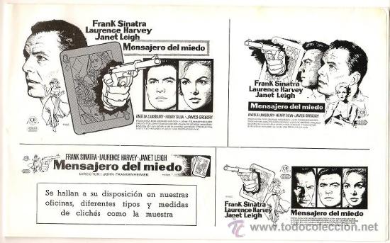 Cine: 0590- EL MENSAJERO DEL MIEDO GUIA PUBLICITARIA-FRANK SINATRA -LAWRENCE HARVEY JANET LEIGH - C