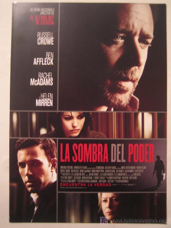 Cine: La sombra del poder- guia publicitaria original estreno - russell crowe rachel mcadams helen mirren