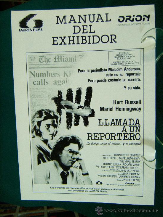 Cine: LLAMADA A UN REPORTERO-8 PAGINAS-KURT RUSSELL-MARIEL HEMINGWAY-PHILLIP BORSOS-THE MEAN SEASON-1985.