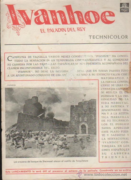Kino: GUIA PUBLICITARIA DE LA PELICULA IVANHOE, EL PALADIN DEL REY.