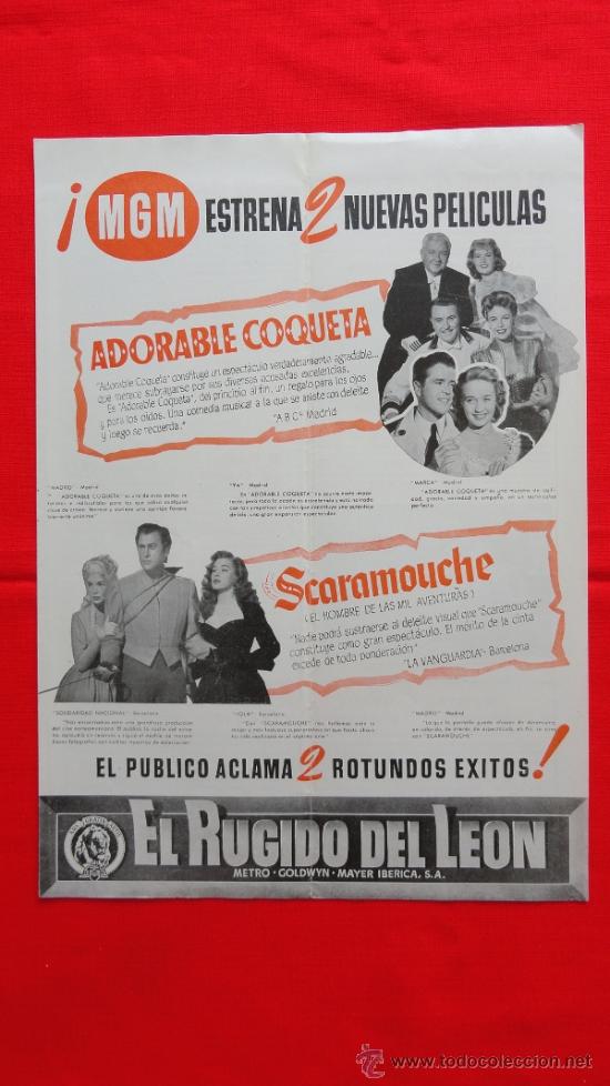 Cine: EL RUGIDO DEL LE&Oacute;N, MGM ESTRENO ADORABLE COQUETA, SCARAMOUCHE, DOBLE A&Ntilde;OS 50