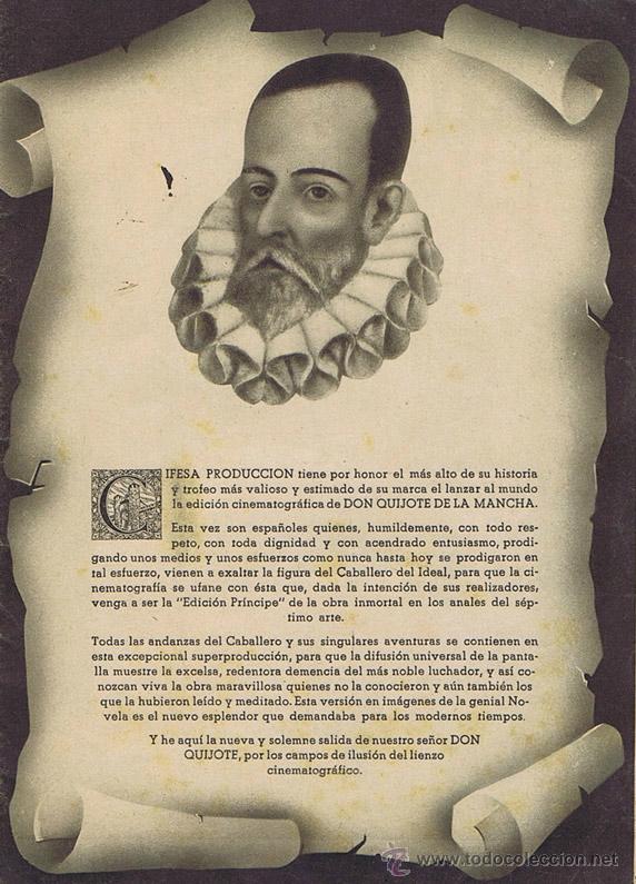 Cine: DON QUIJOTE DE LA MANCHA - Gu&iacute;a original - Rafael Rivelles, Sara Montiel y Juan Calvo entre otros -