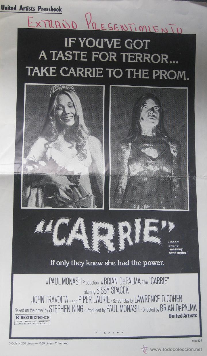 Cine: Carrie Pressbook Gu&iacute;a Stephen King Sissy Spacek John Travolta original Estados Unidos cine terror
