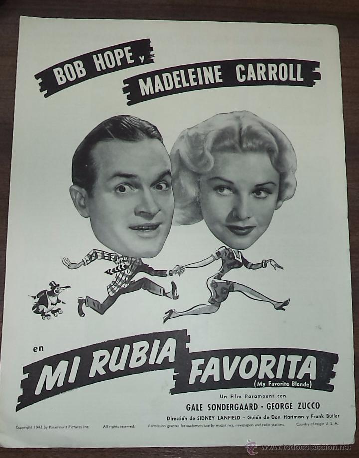 Cinema: GU&Iacute;A DE CINE. MI RUBIA FAVORIAT. BOB HOPE Y MADELEINE CARROLL. UN FILM DE PARAMOUNT.