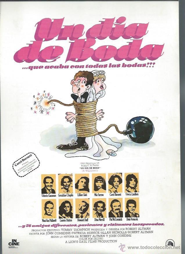 Kino: GU&Iacute;A PUBLICITARIA DE CINE UN D&Iacute;A DE BODA QUE ACABA CON TODAS LAS BODAS, ORIGINAL, 20 POR 30CM
