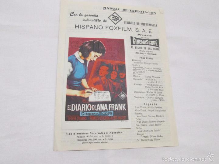 Cine: EL DIARIO DE ANNA FRANK - MILLIE PERKINS // JOSEPH SCHILDKRAUT // ETC. - FOXFILM - SIN A&Ntilde;O