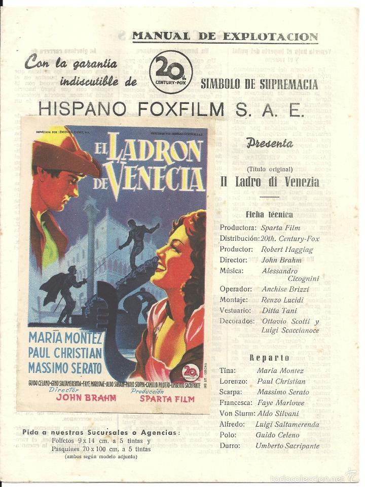 Cine: G7042 EL LADRON DE VENECIA MARIA MONTEZ SOLIGO GUIA ORIGINAL HISPANO FOX FILM ESTRENO