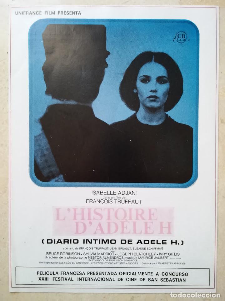Cine: ANTIGUA FICHA PUBLICITARIA -A4- Diario Intimo de Adele H - Isabelle Adjani - Fran&ccedil;ois Truffaut