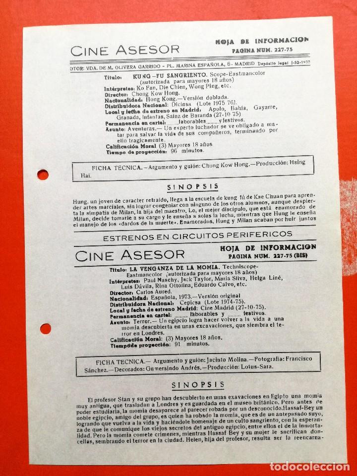 Cine: HOJA DE INFORMACION CINE ASESOR.TERROR.KUNG-FU SANGRIENTO Y LA VENGANZA DE LA MOMIA