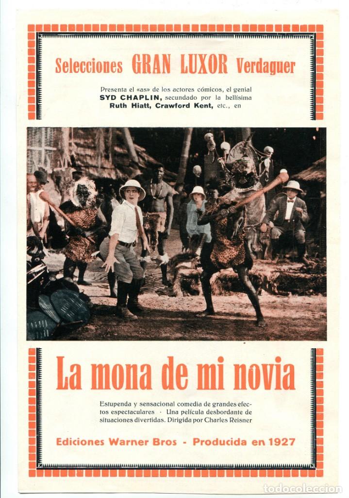 Cine: LA MONA  DE MI NOVIA, con Syd Chaplin. HOJA DE CAT&Aacute;LOGO DE 1927. 18 X 27,5 cms.