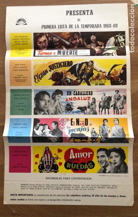 Cine: Cartel 51x31 cm temporada 1968.un caballero andaluz Carmen sevilla.amor sobre ruedas pepe blanco