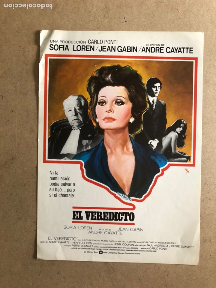 Cine: EL VEREDICTO (SOFIA LOREN). GU&Iacute;A PROMOCIONAL DE LA PEL&Iacute;CULA, IDEAL PARA ENMARCAR.