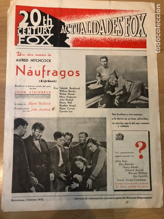 Cine: Guia 20th century actualidades naufragos alfred hitchcock Tallulah bankhead carmen miranda