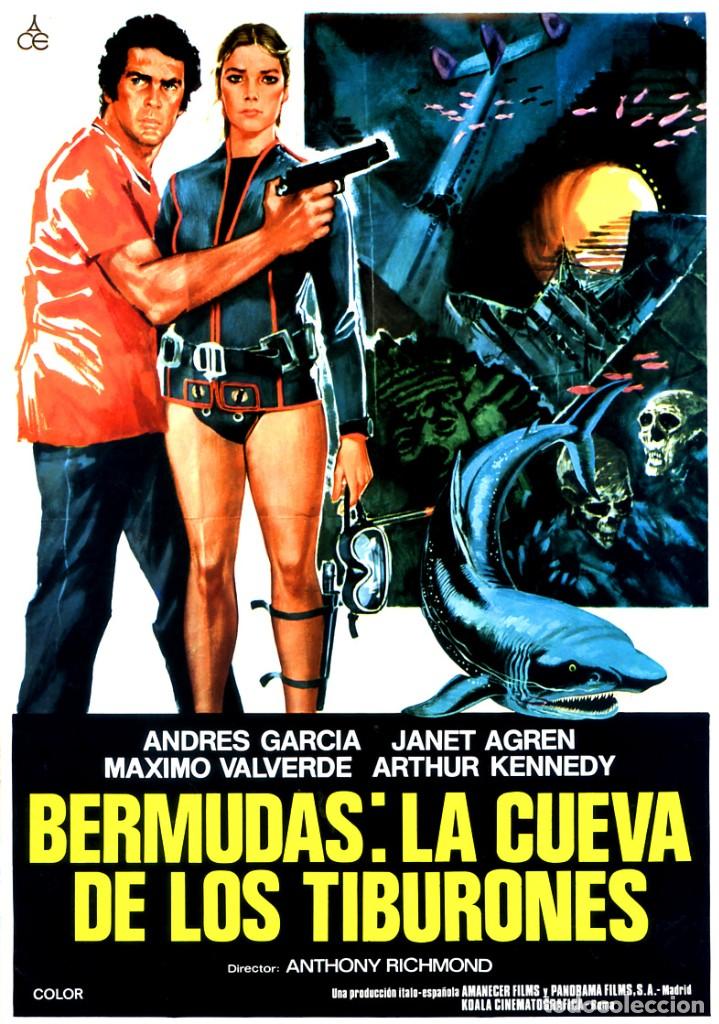 Cine: BERMUDAS, LA CUEVA DE LOS TIBURONES GU&Iacute;A ORIGINAL DOBLE CON FOTOS DE SU ESTRENO EN ESPA&Ntilde;A